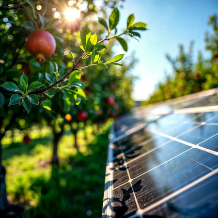 Solar Orchard. A blend of renewable energy and agriculture, showcasing solar panels amidst a fruit orchard under a bright sun.の素材