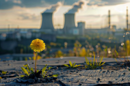 Dandelion and Power Plant. A single dandelion grows in cracked asphalt, with a power plant and cooling towers in the background.の素材