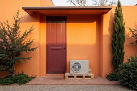 A new air conditioner unit on a pallet awaits installation outside a modern orange building.の素材