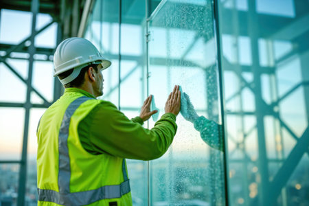 A construction worker in a hard hat and safety vest inspects a glass panel at sunset.の素材