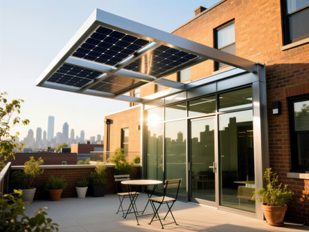 A modern rooftop terrace features a large solar panel awning with a city skyline view at sunset.の素材
