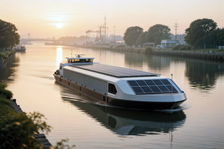 Solar-powered cargo barge cruising on a canal at sunrise.の素材