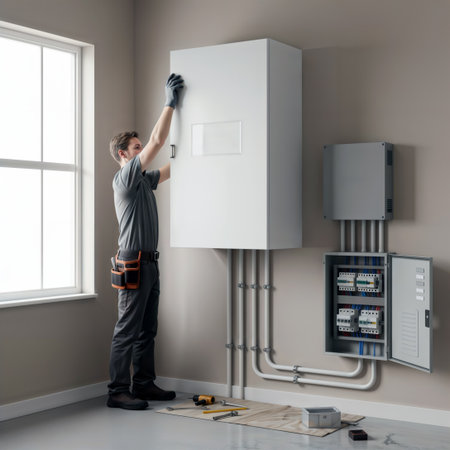 Technician accessing indoor electrical cabinet with open breaker panel. Space for text.の素材