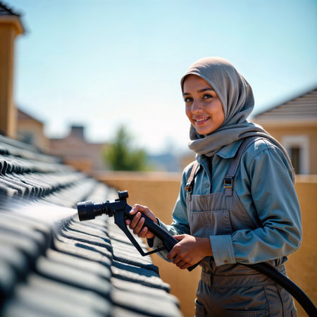 Roofer cleaning roof tiles with hose nozzle outdoors.の素材