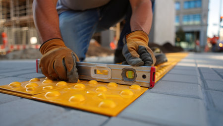Hands leveling tactile paving on sidewalk construction.の素材