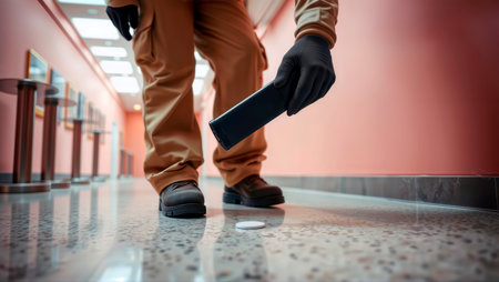 Security staff scanning a tracking tag on a polished corridor floor.の素材
