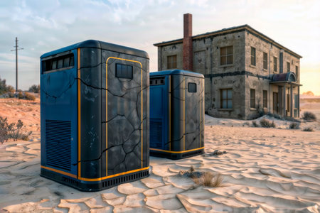 Two cracked industrial energy storage batteries in a remote desert.の素材