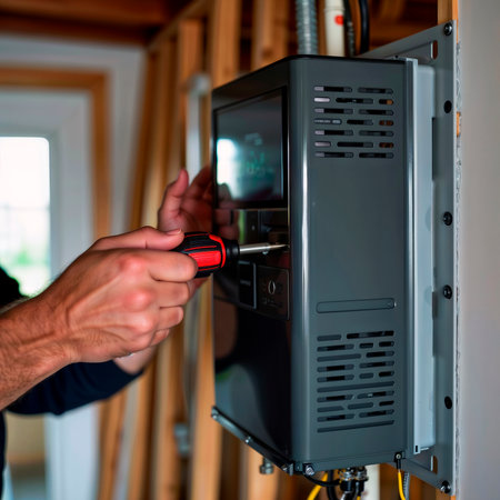 Technician installing a modern tankless water heater during construction.の素材