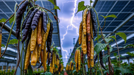 Peppers growing in an agrivoltaic greenhouse with solar panels and lightning.の素材