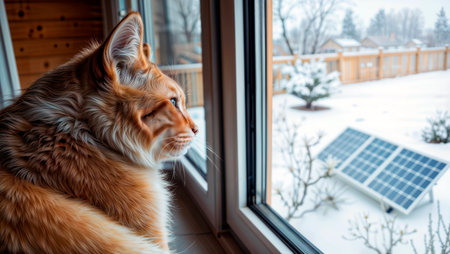 Ginger cat looking out a window at solar panels in a snowy backyard.の素材