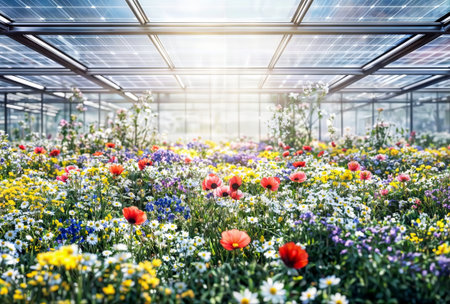 Flowers growing under solar panels in a modern greenhouse.の素材