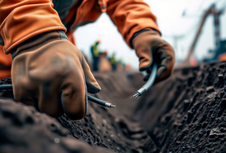 Worker's gloved hands laying a cut electrical cable in a dirt trench at a construction site.の素材