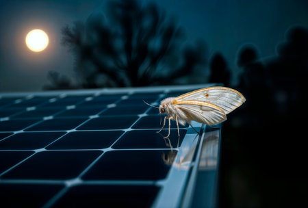 Moth resting on a solar panel at night with the moon in the background.の素材
