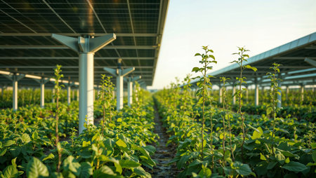 Green crops growing under elevated solar panels in an agrivoltaics system.の素材