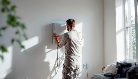 Man installing a home battery energy storage unit on an interior wall.の素材