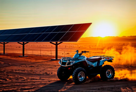 All-terrain vehicle driving past a solar panel array in the desert at sunset.の素材