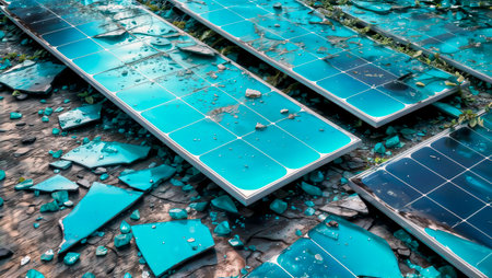 Broken and shattered solar panels with cracked glass outdoors.の素材