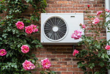 Air conditioner outdoor unit mounted on a brick wall with pink roses.の素材