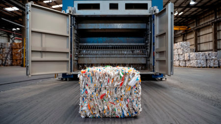 Baled plastic film in front of industrial baler at recycling facility.の素材