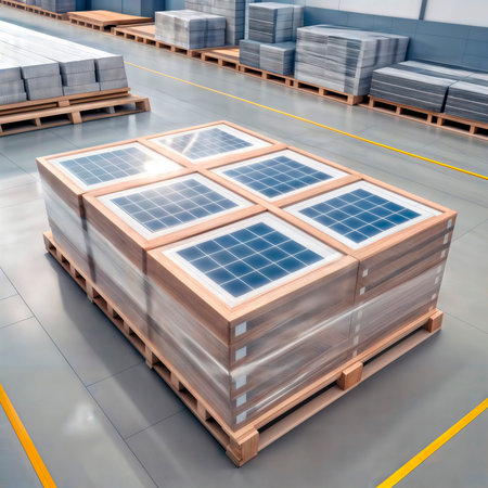 Stacked solar panels wrapped on pallet in warehouse.の素材