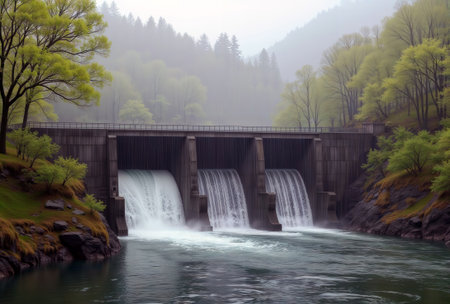Dam spillways releasing water in a forested valley on a misty day.の素材