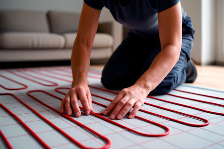 Installing radiant floor heating tubing on subfloor.の素材
