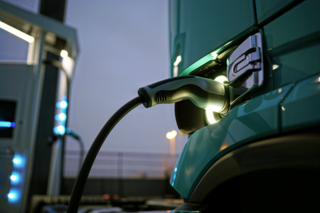 Electric truck charging at a charging station at night.の素材
