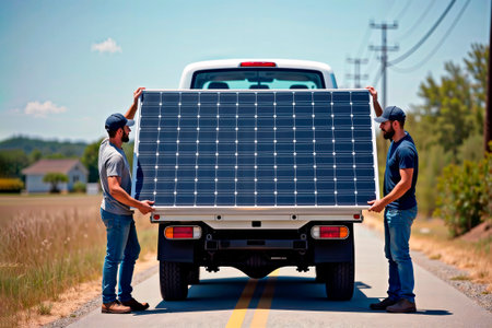 Two men loading a solar panel onto a pickup truck on a rural road.の素材