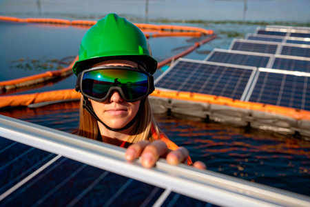 Technician in safety gear inspecting floating solar panels on water.の素材