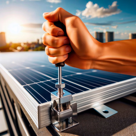 Hand tightening mounting clamp on solar panel.の素材