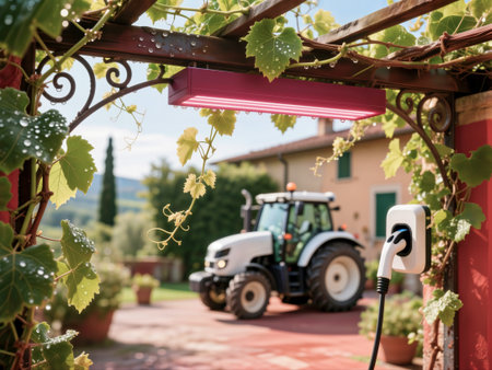 A charger for an electric tractor on a pergola covered with grape vines with a tractor in a farm yard.の素材