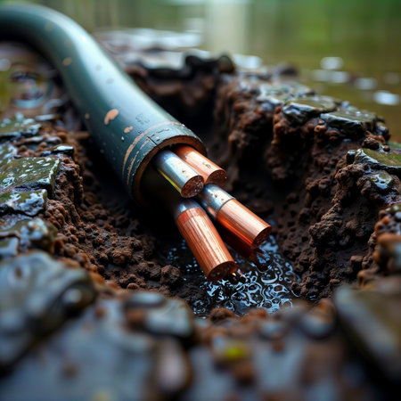 Exposed underground power cable with copper conductors in muddy water.の素材