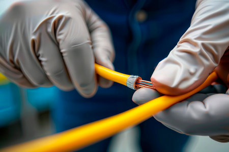Gloved hands preparing multiconductor cable, close up.の素材