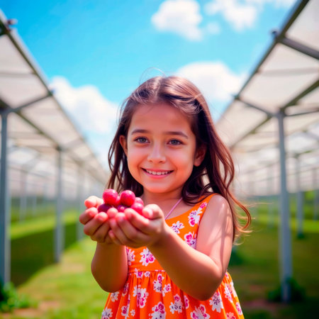 Smiling girl holding red berries under a solar panel canopy outdoors.の素材