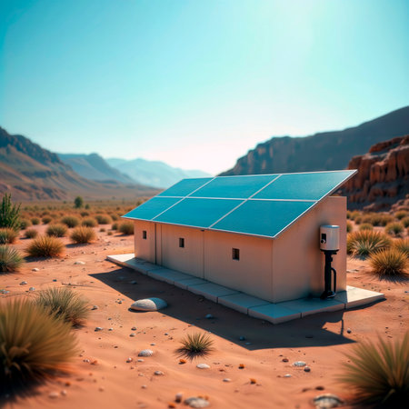 Small building with rooftop solar panels in desert landscape.の素材