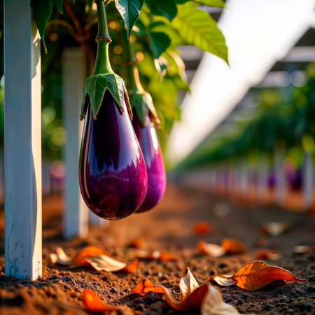 Ripe eggplants on plants in a greenhouse row at ground level.の素材