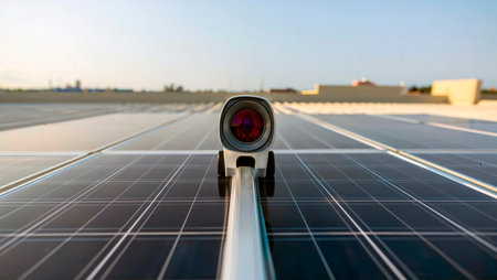 Robotic device inspecting solar panels on rooftop array.の素材