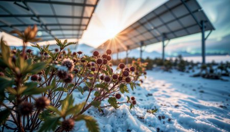 Plants under solar panels in snowy field at sunrise.の素材