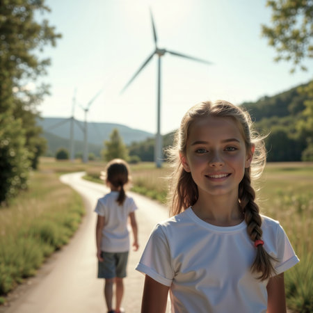 Children on countryside path with wind turbines in background.の素材