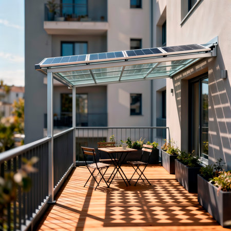 Residential balcony with solar panel awning and outdoor seating in sun.の素材