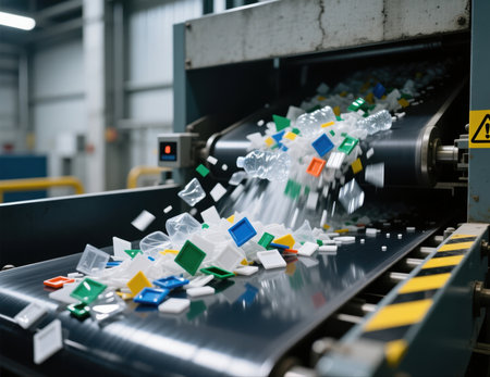 Plastic waste on conveyor belt in recycling facility.の素材