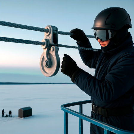 Worker inspecting cable pulley on wire rope over a frozen landscape.の素材