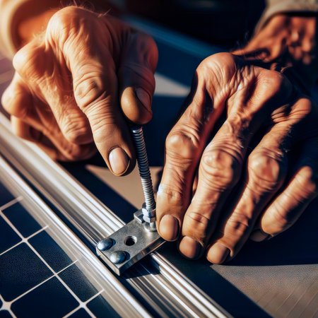 Hands tightening a bolt on a solar panel mounting bracket.の素材