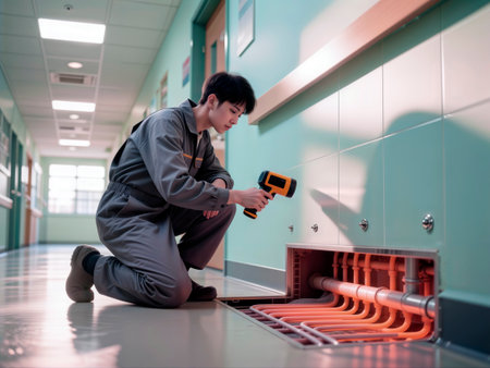 Technician scanning underfloor heating manifold with a thermal camera.の素材