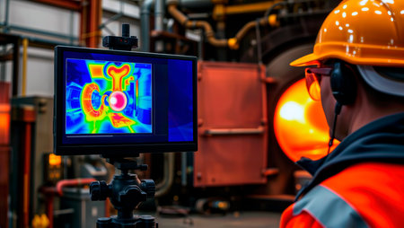 Engineer monitoring machinery with thermal imaging camera in factory.の素材