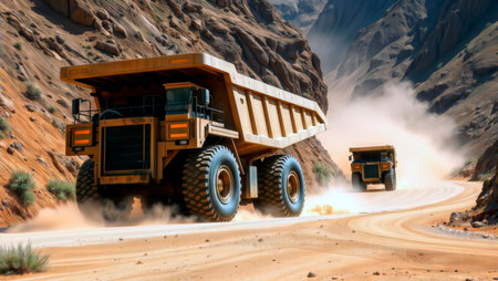 Large dump trucks driving on a dirt road in a quarry.の素材