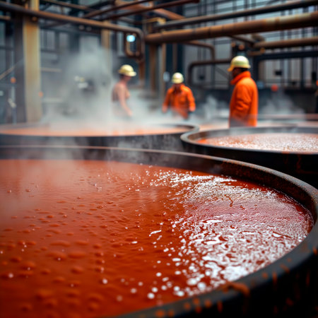 Red sauce cooking in large vats at a food processing plant with workers.の素材