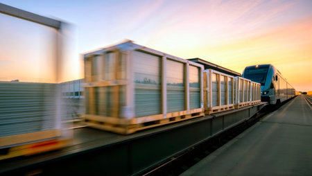 Cargo containers on a conveyor belt moving alongside a modern train at sunset.の素材