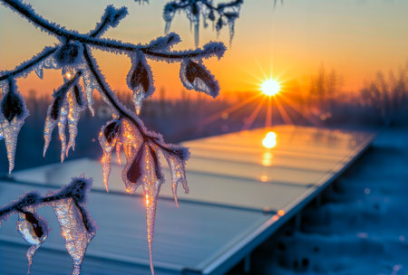 Frost covered branch with solar panels in winter at sunrise.の素材