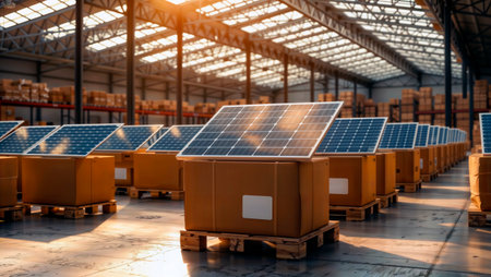 Solar panels on shipping pallets in a sunlit warehouse.の素材